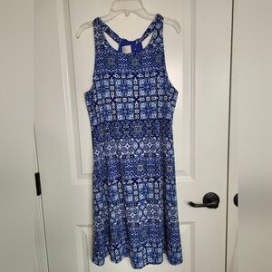 Cupio Halter Sundress Criss Cross Back Floral Blue White Lined Dress Women's M